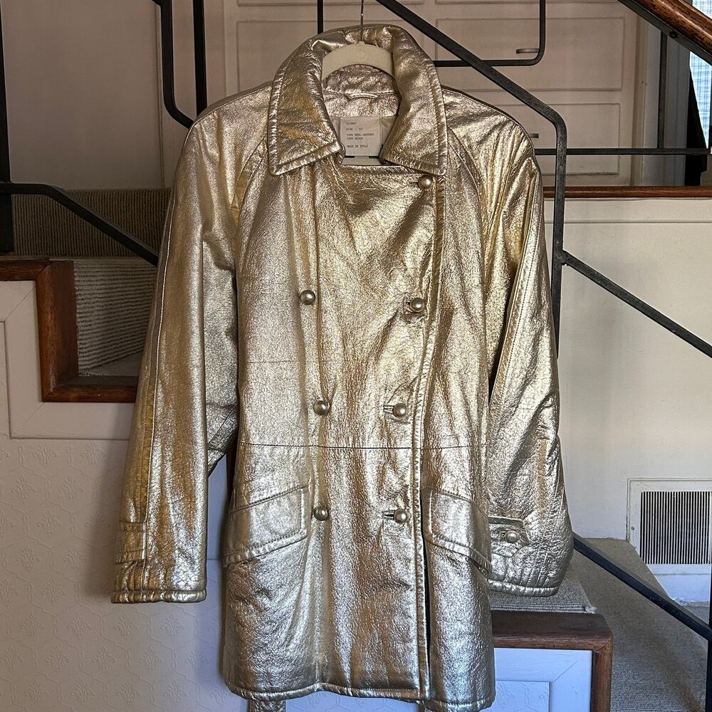 Rare Vintage Moschino Cheap & Chic AW88 Metallic Gold Leather Trench Coat Italy - Picture 4 of 11